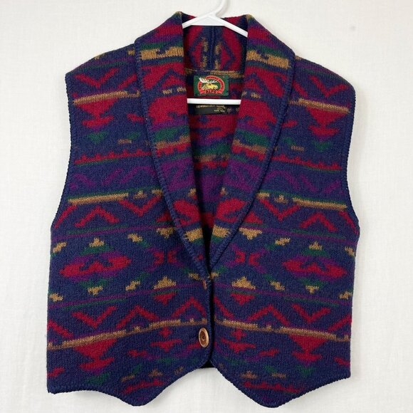 Vintage 100% Wool Knit Southwestern Blanket Vest Womens S - M Aztec Western 90s - Picture 1 of 8